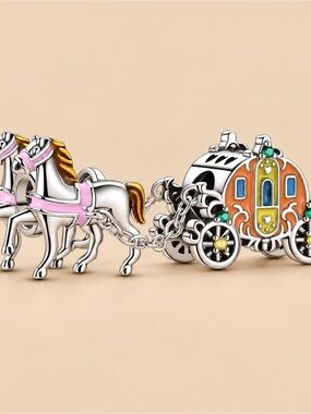 Sterling Silver Horse & Carriage Charm Bracelet Bead in Pink and Orange